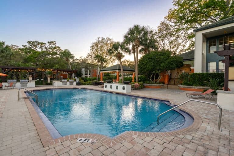 Sunset over our resort-style pool at Bayside Arbors of Clearwater.